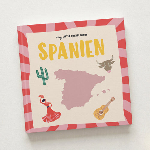 Spanien Reisetagebuch für Kinder – Cover mit Flamenco-Tänzerin, Stier, Gitarre und Kaktus