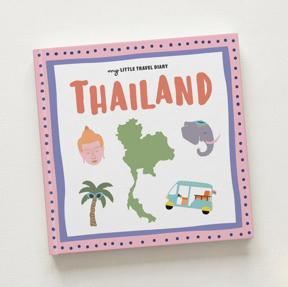 Thailand Reisetagebuch für Kinder – Cover mit Buddha, Elefant, Palme und Tuk-Tuk