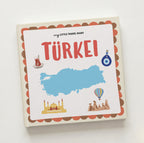 Türkei Reisetagebuch für Kinder – Cover mit Çay-Glas, Nazar-Amulett, Moschee und Heißluftballon