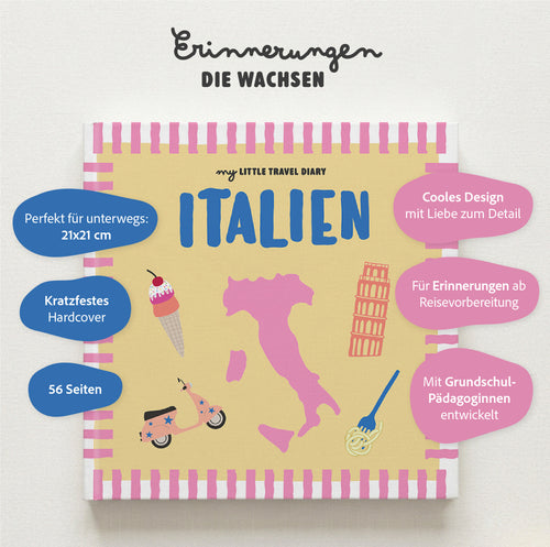 Italien Reisetagebuch für Kinder – Übersicht der Highlights auf dem Cover