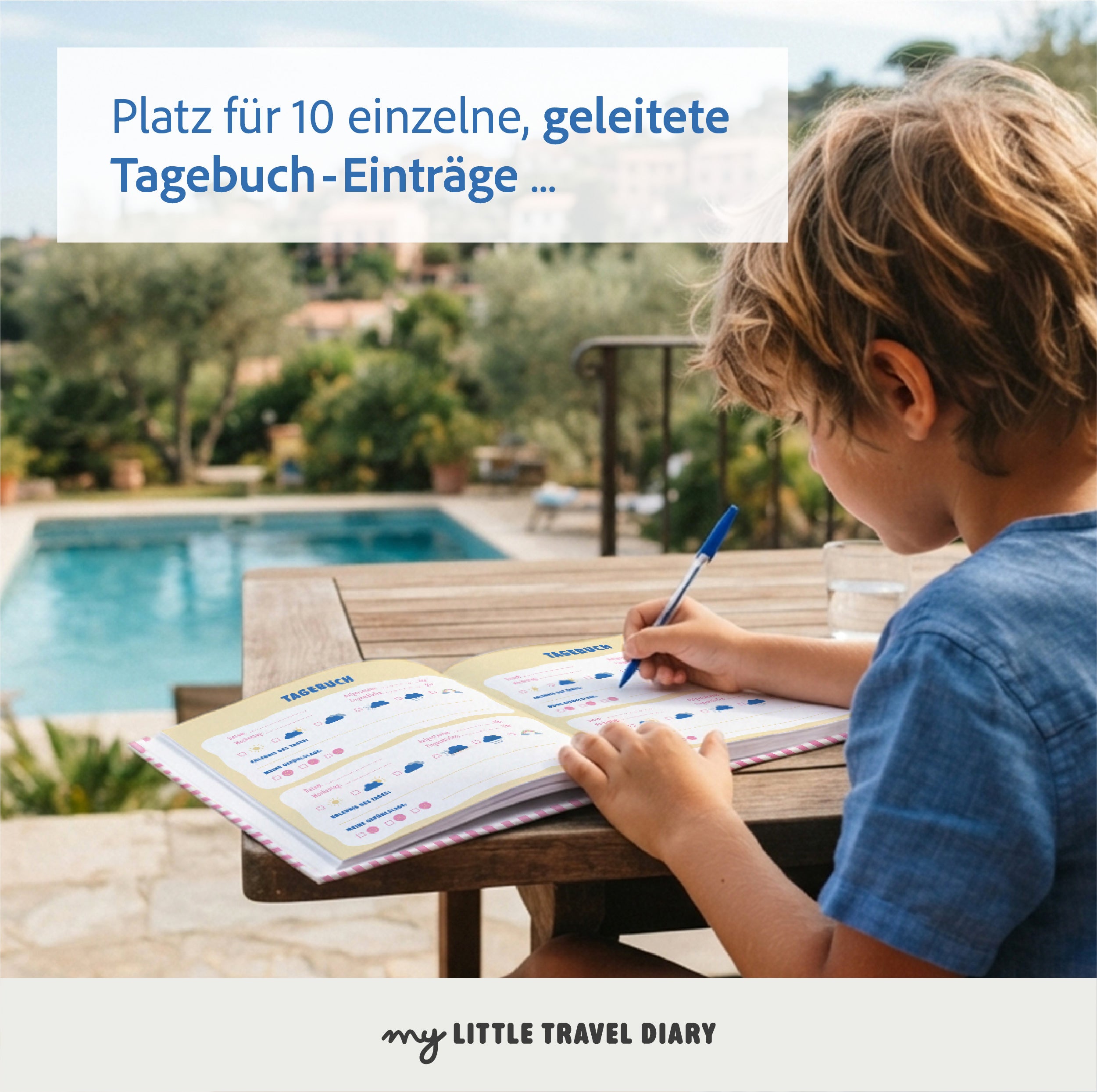Aufgeschlagenes Reisetagebuch am Pool – Platz für zehn geführte Tagebuch-Einträge
