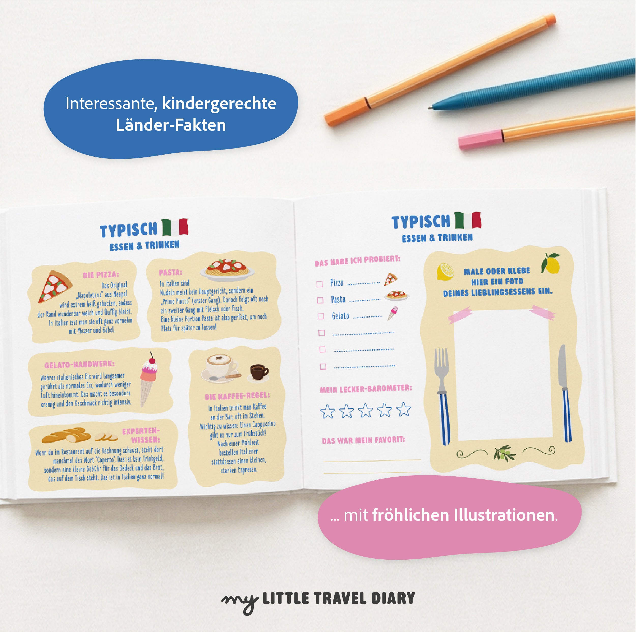 Doppelseite „Typisch Essen & Trinken" mit kindgerechten Italien-Fakten
